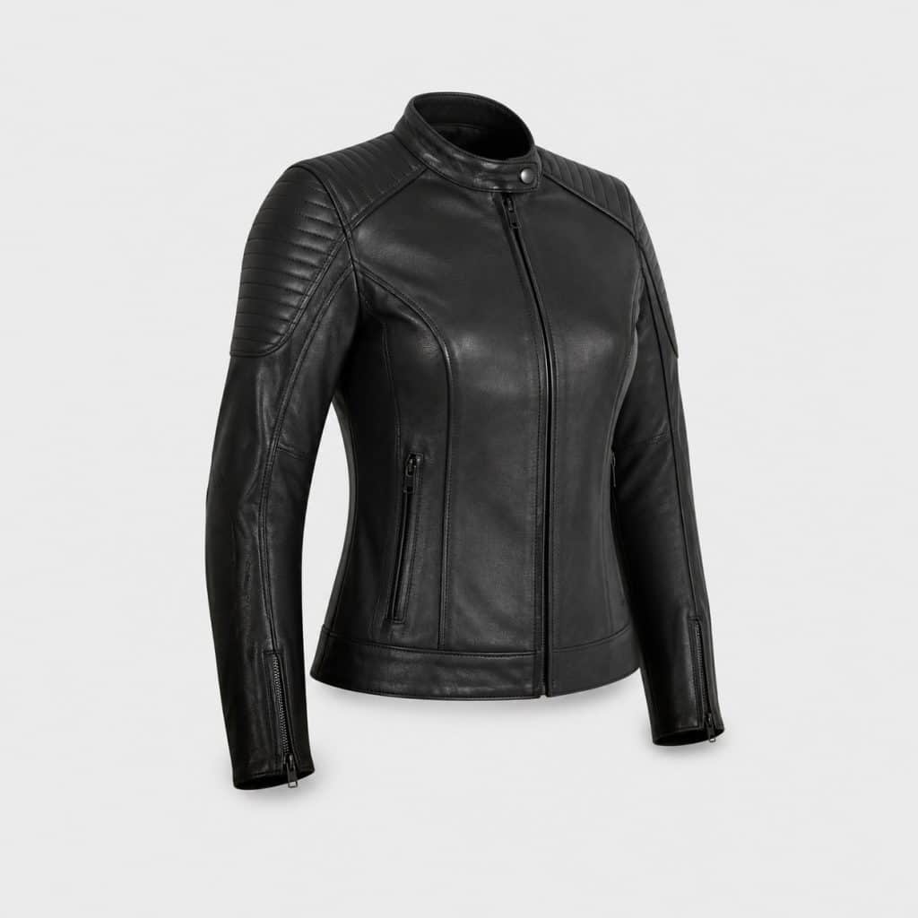 Blouson moto cuir noir pour femme sur fond clair