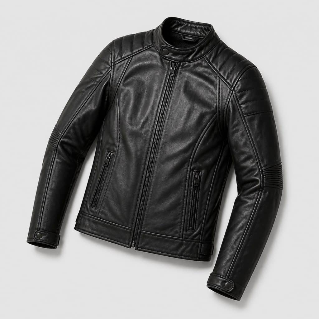 Blouson moto cuir noir pour homme sur fond clair