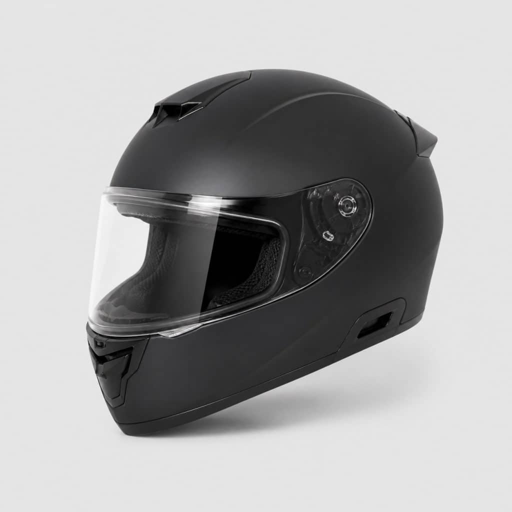 Casque moto intégral urbain sur fond clair, découpes intercom