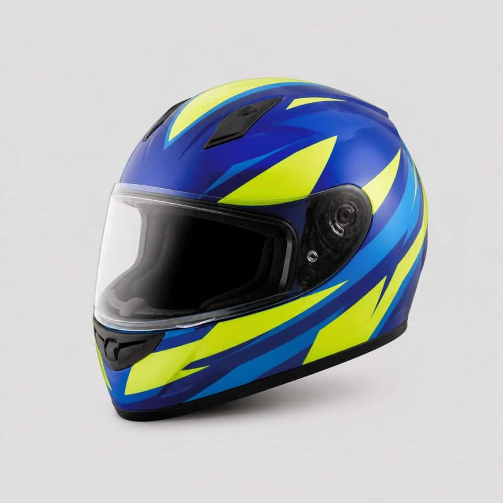 Casque moto intégral enfant sur fond clair, coloris vif