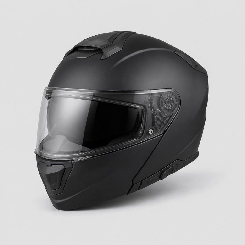 Casque moto modulable sur fond clair, mentonnière fermée