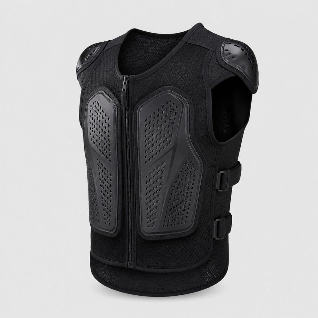 Gilet de protection moto posé à plat sur fond clair