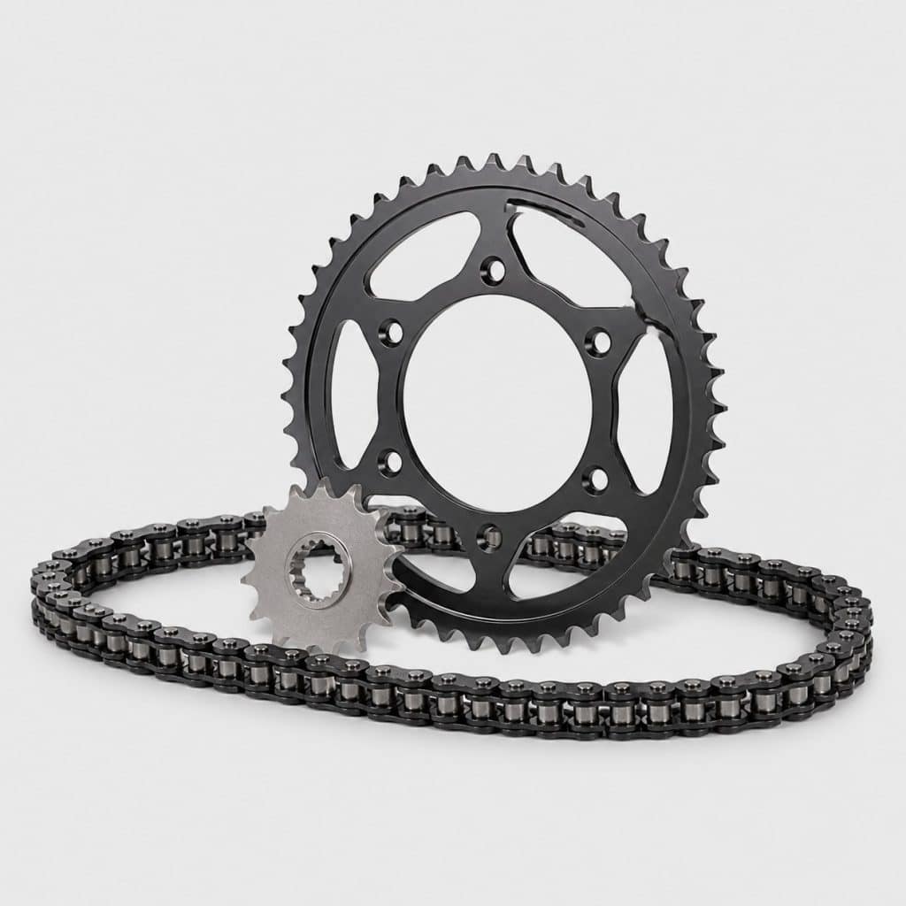 Kit chaîne moto complet avec chaîne, pignon et couronne