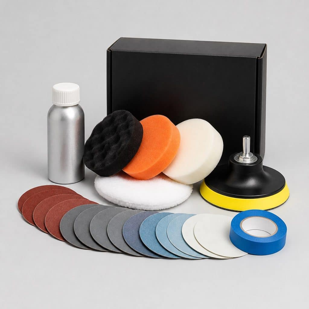 Kit complet de rénovation de phare avec protection UV sur fond clair