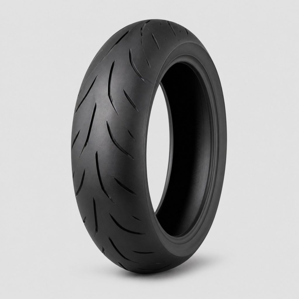 Pneu moto sportif arrière posé seul sur fond clair